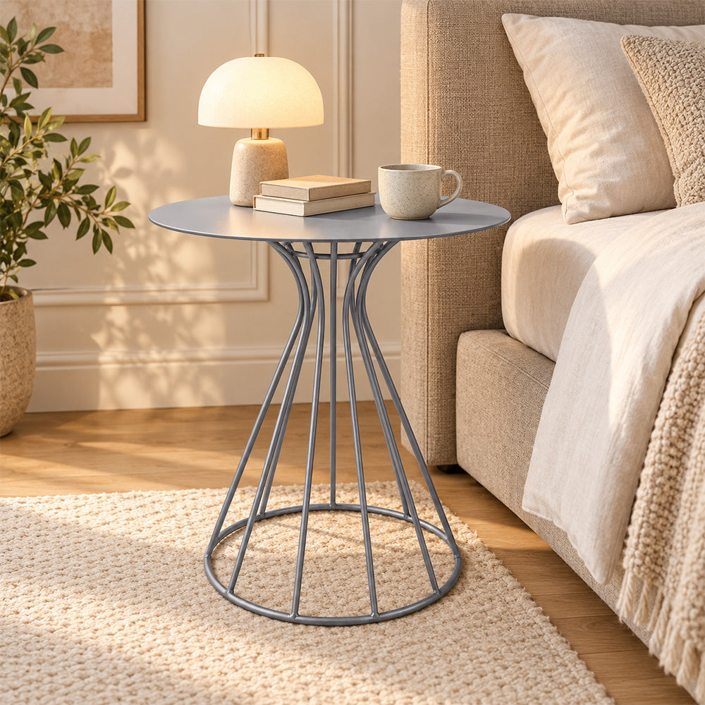 Metal Round Side Table with Sculptural Curved Base