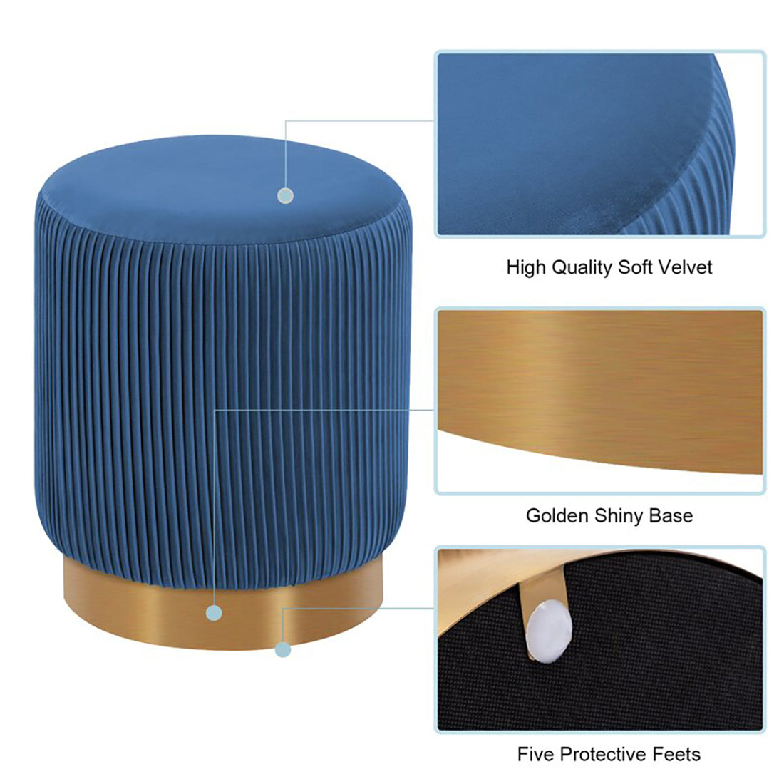 Round Velvet Gold Ottaman/Poufee In Blue