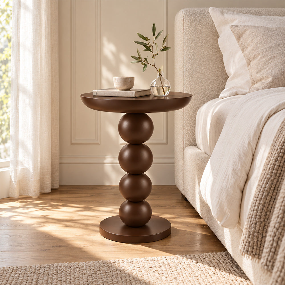 Modern Metal Round Side Table with Beaded Pedestal Base