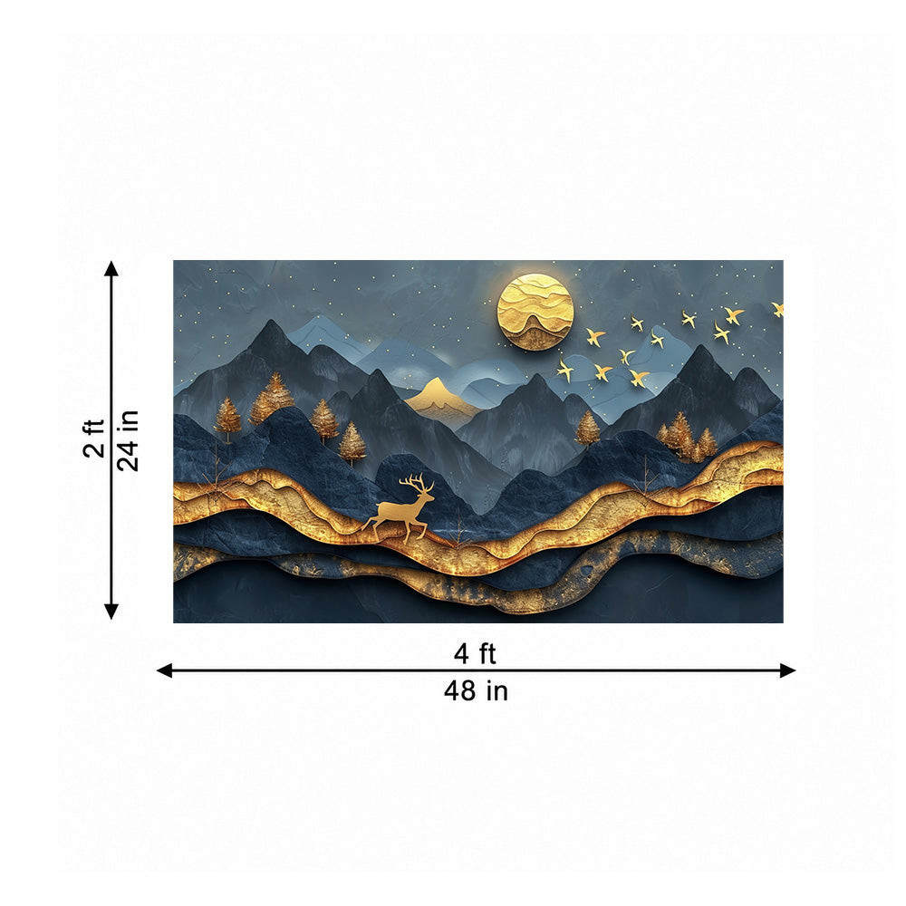 Golden Mountain Deer Abstract Canvas Wall Painting