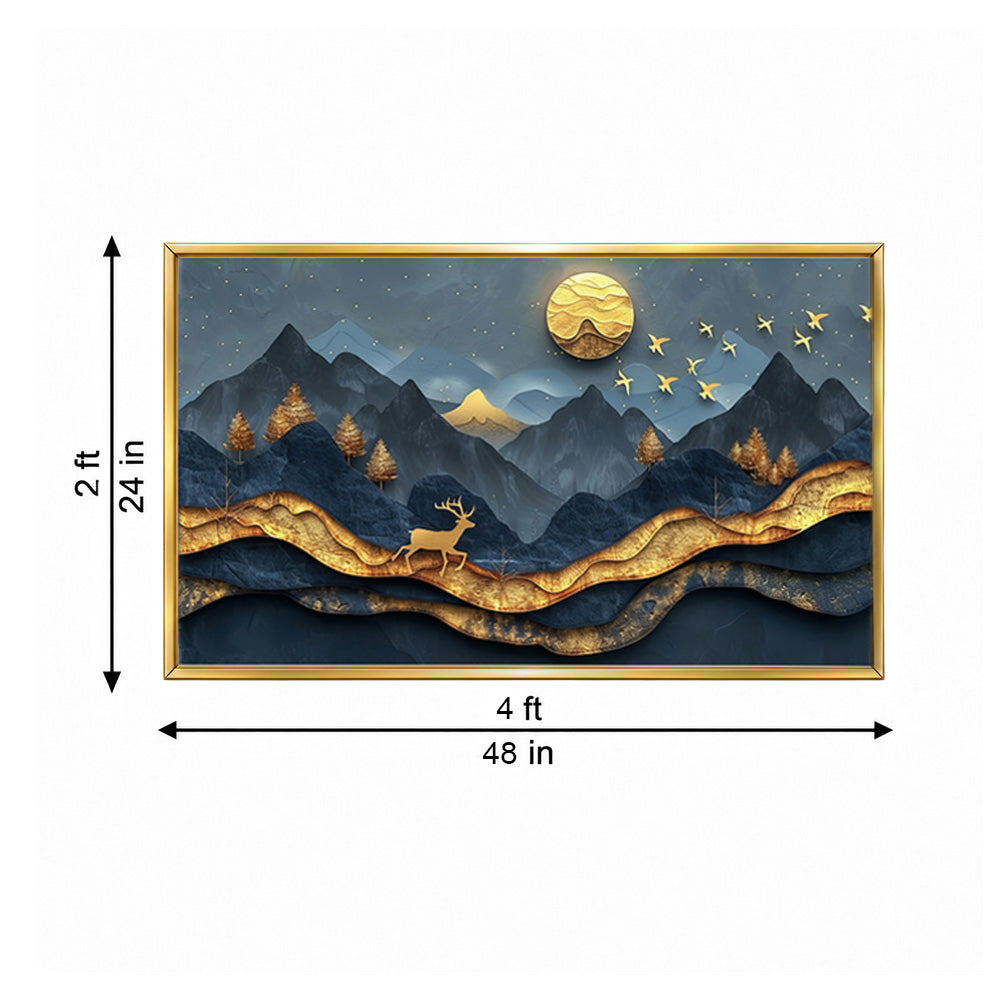 Golden Mountain Deer Abstract Canvas Wall Painting