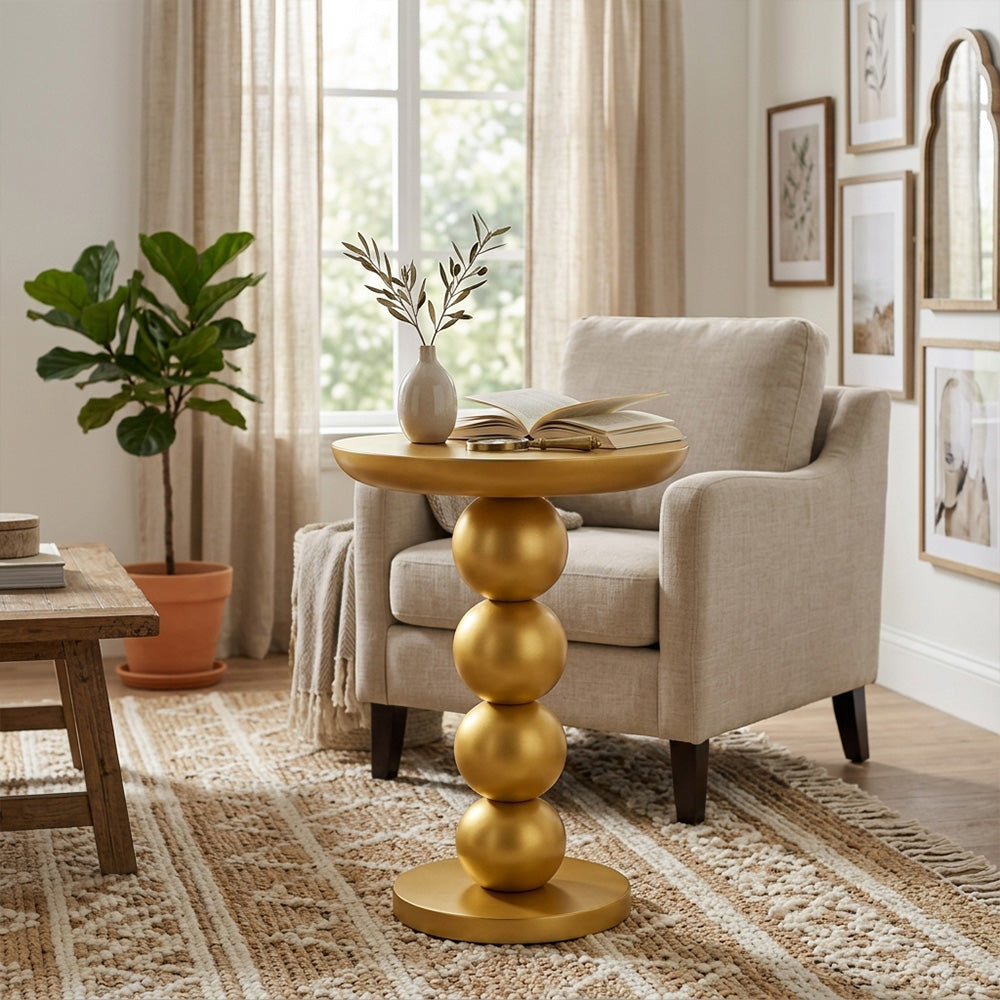 Modern Metal Round Side Table with Beaded Pedestal Base
