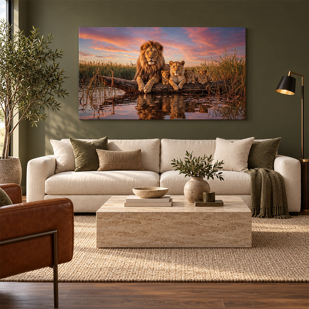 Lion Family at Sunset Canvas Wall Painting