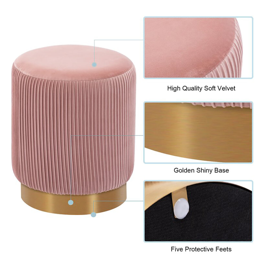 Round Velvet Gold Ottaman/Poufee In Pink