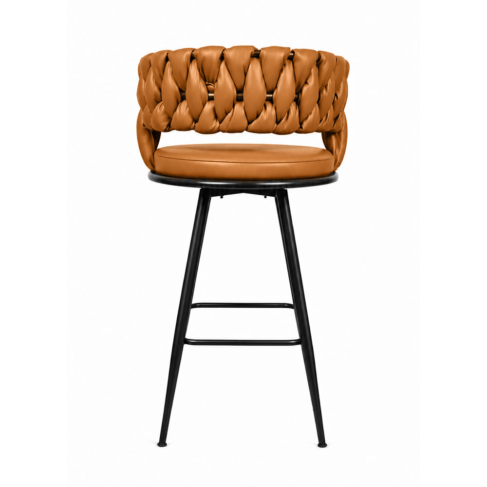 Doe Buck Presley Luxury Tan Braided Faux Leather Bar Stool Chair – Modern Counter Height Stool with Metal Frame for Kitchen Island & Home Bar