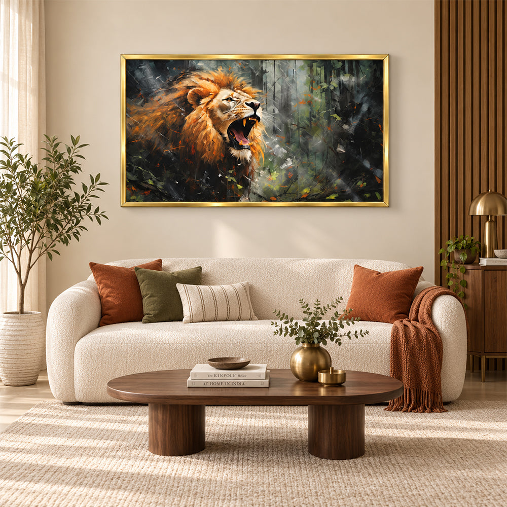 Roaring lion in forest canvas wall painting