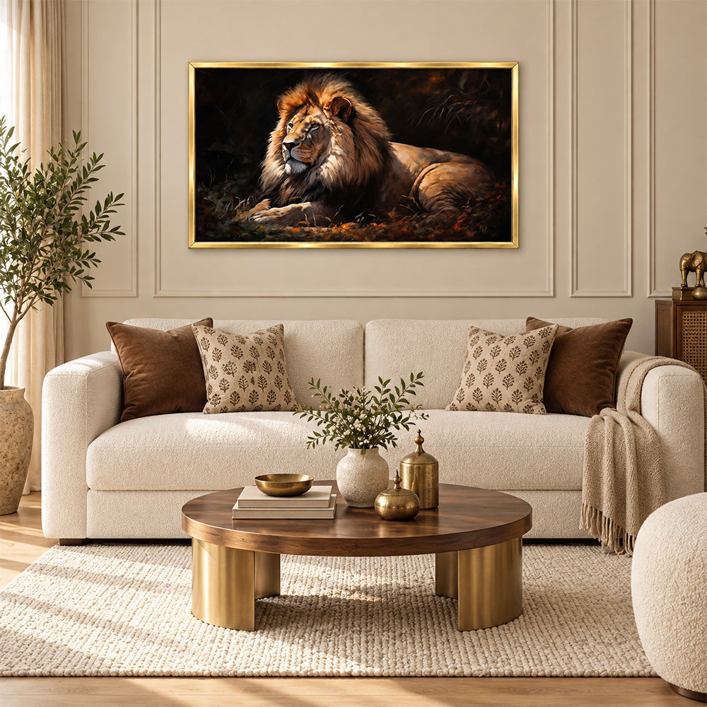Lion on rocky peak canvas wall painting