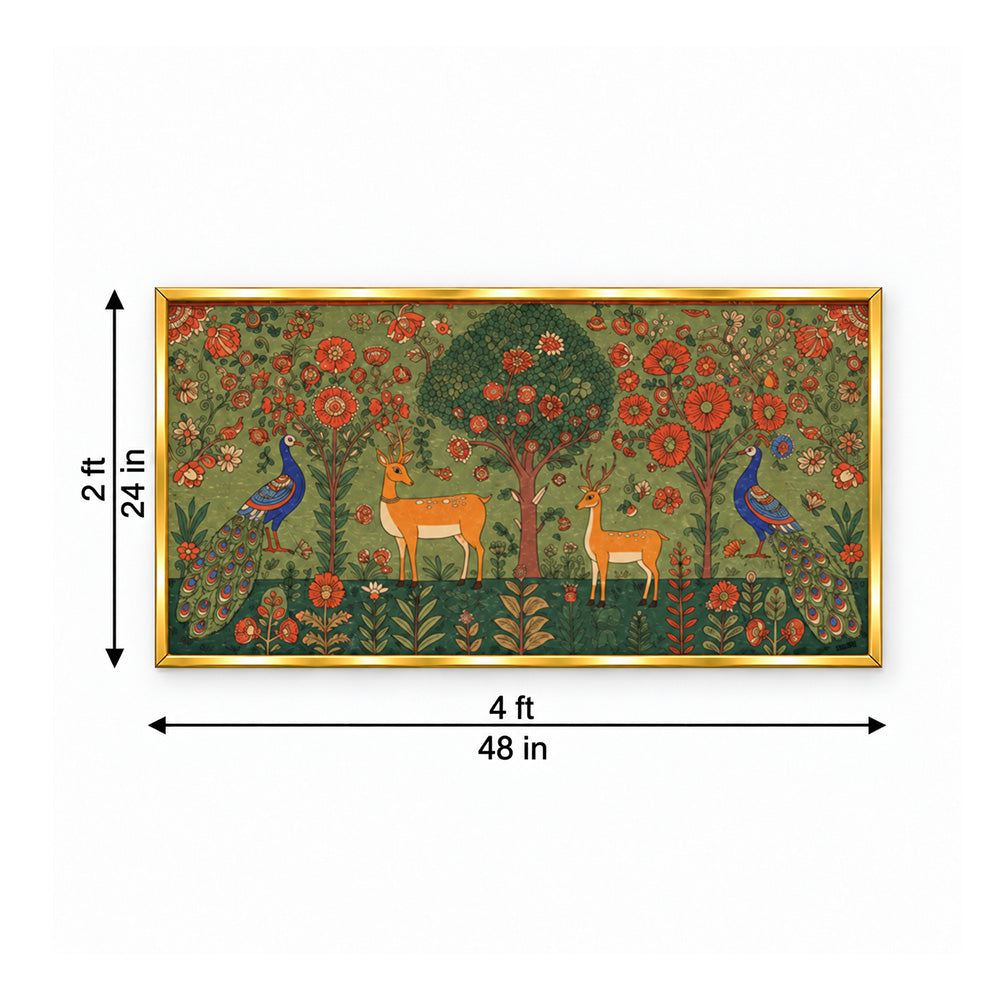 Folk Art Deer and Peacock Canvas Wall Painting
