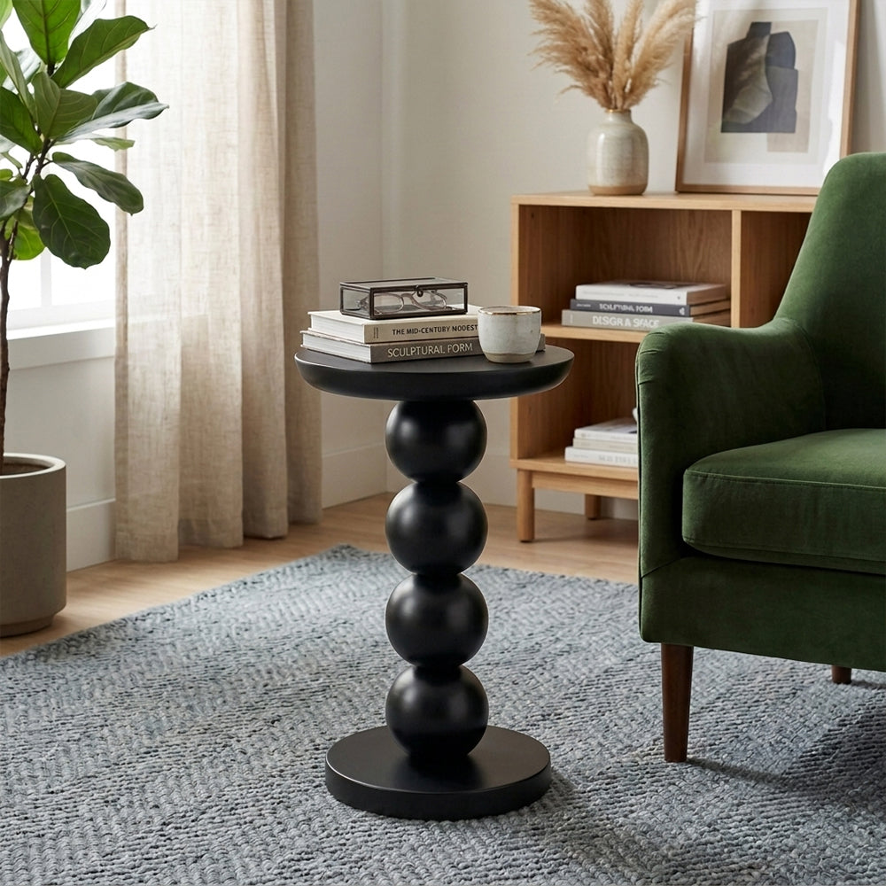 Modern Metal Round Side Table with Beaded Pedestal Base