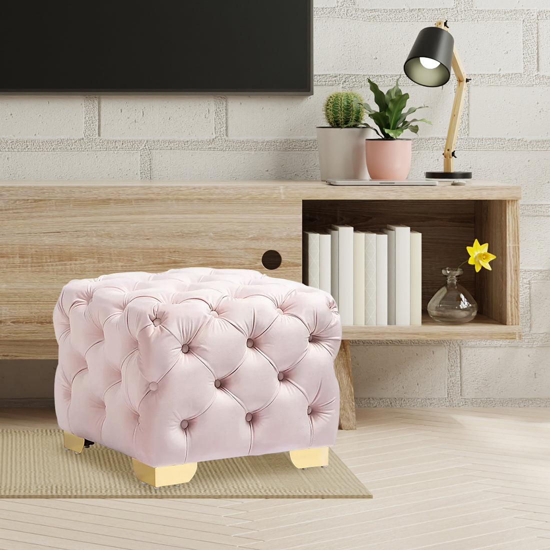 Square Velvet Ottoman/Poufee In Pink /Gold