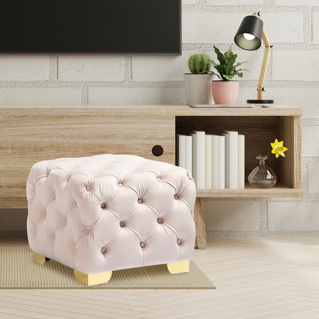 Square Velvet Ottoman/Poufee In Beige /Gold