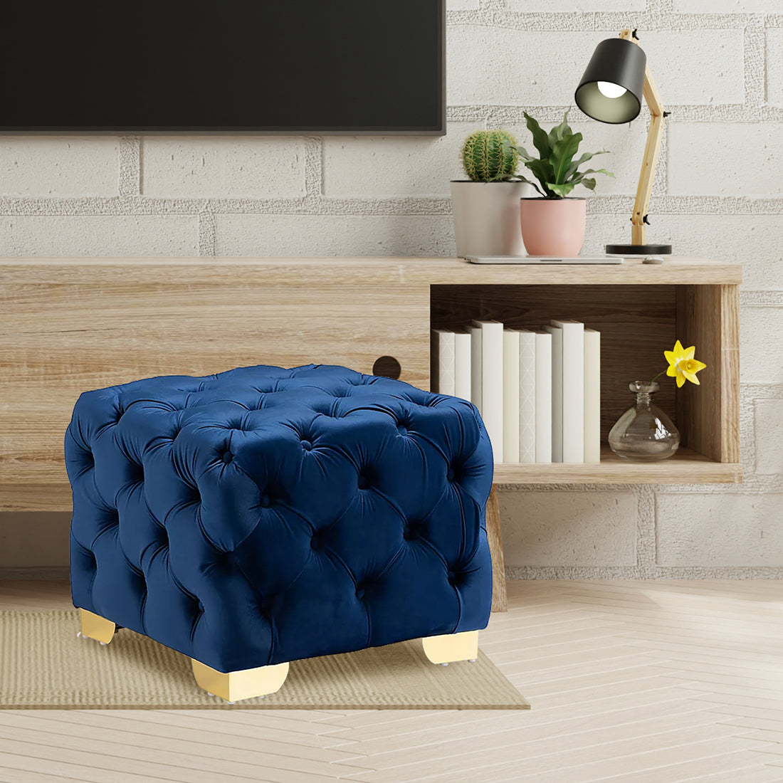 Square Velvet Ottoman/Poufee In Royal Blue /Gold