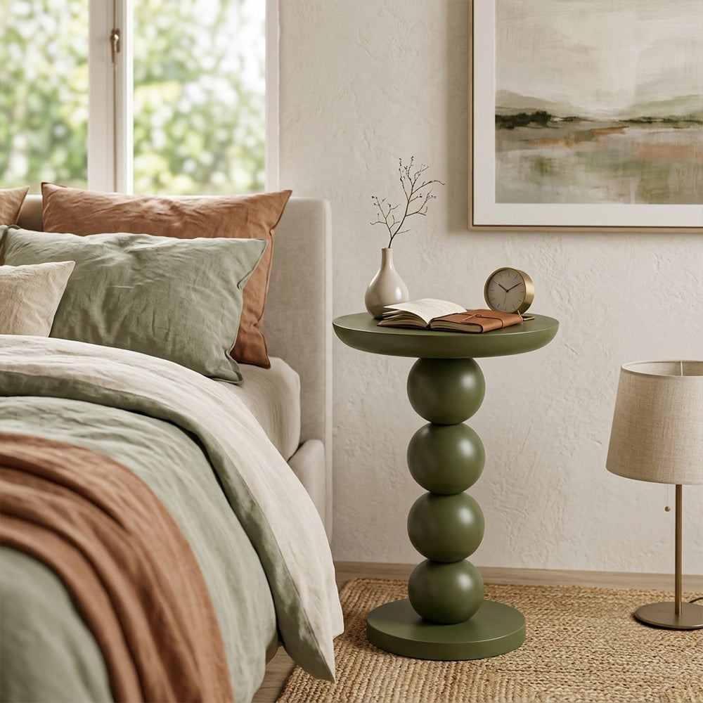 Modern Metal Round Side Table with Beaded Pedestal Base