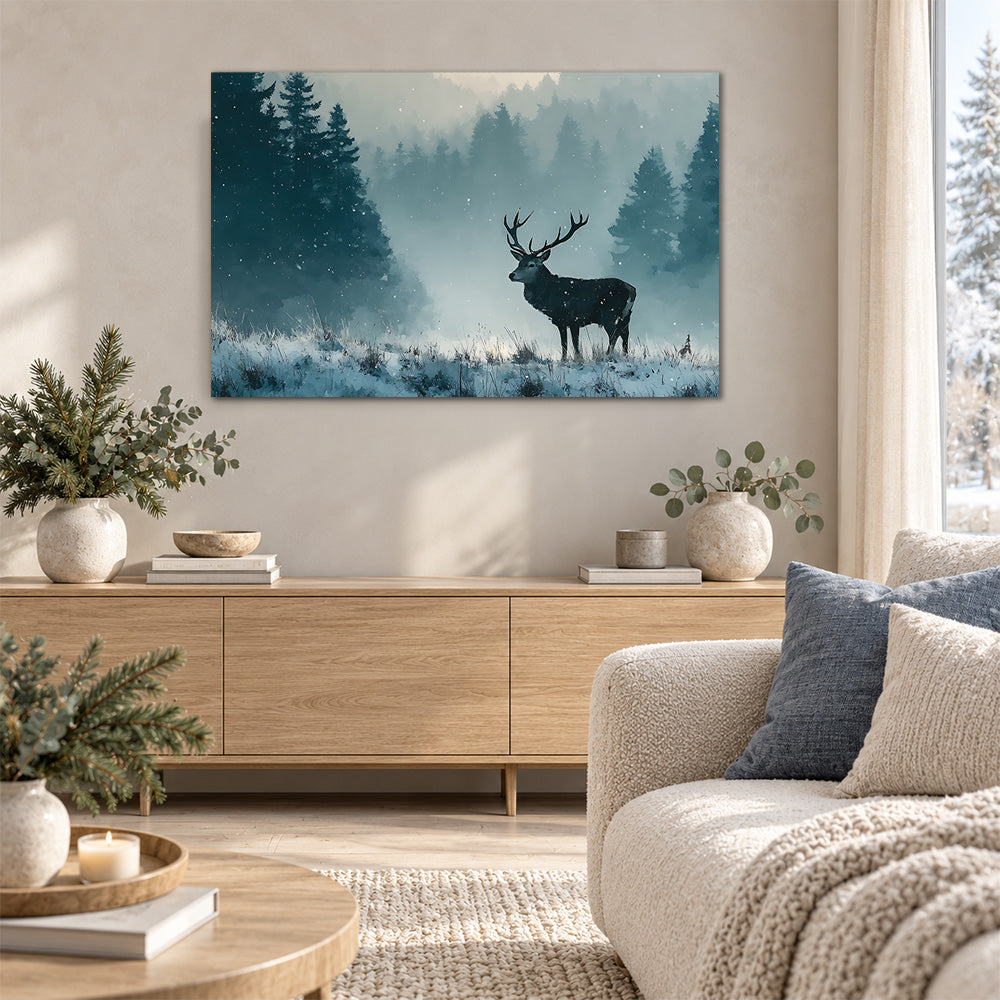 Stag in snowy forest canvas wall painting