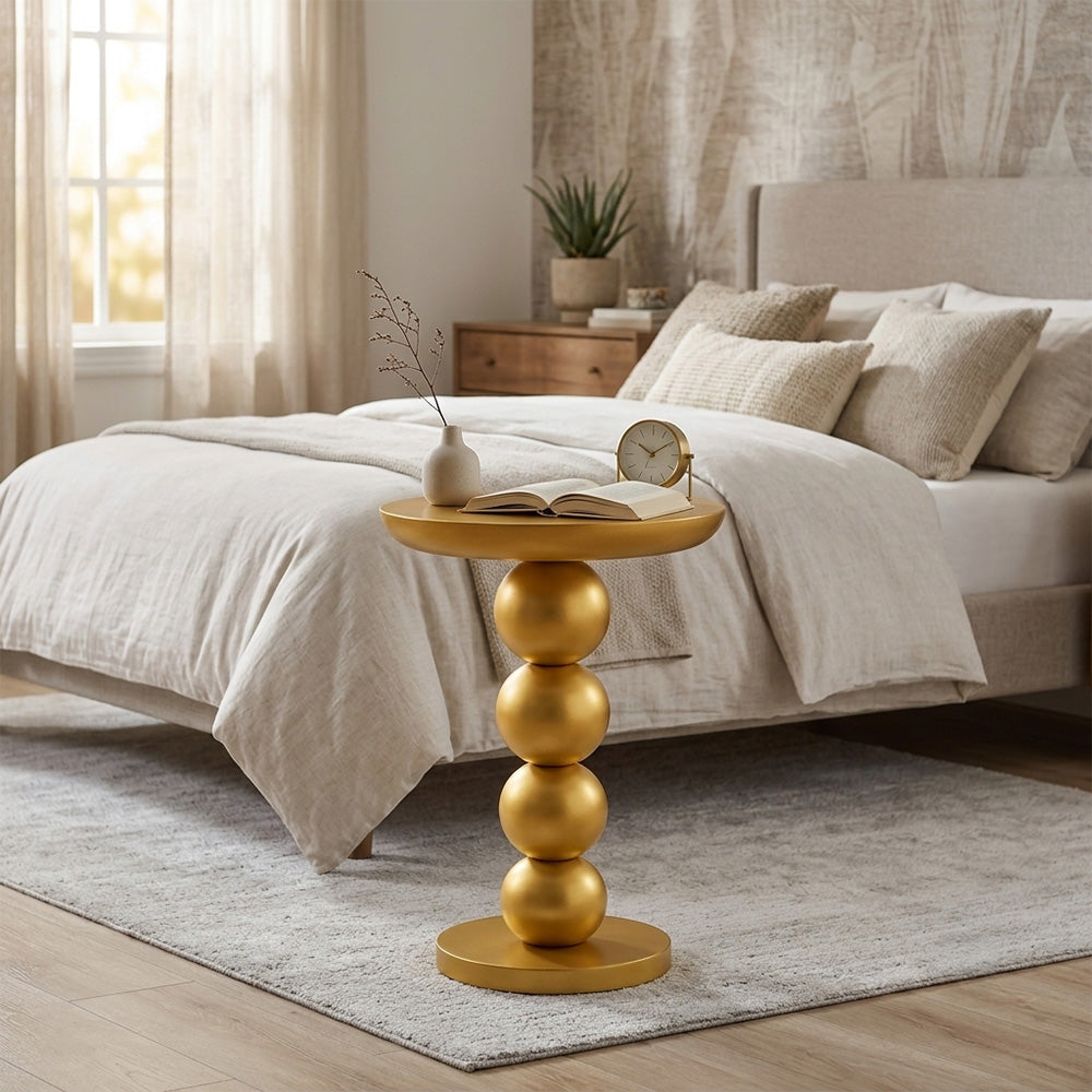 Modern Metal Round Side Table with Beaded Pedestal Base