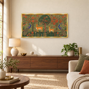 Folk Art Deer and Peacock Canvas Wall Painting