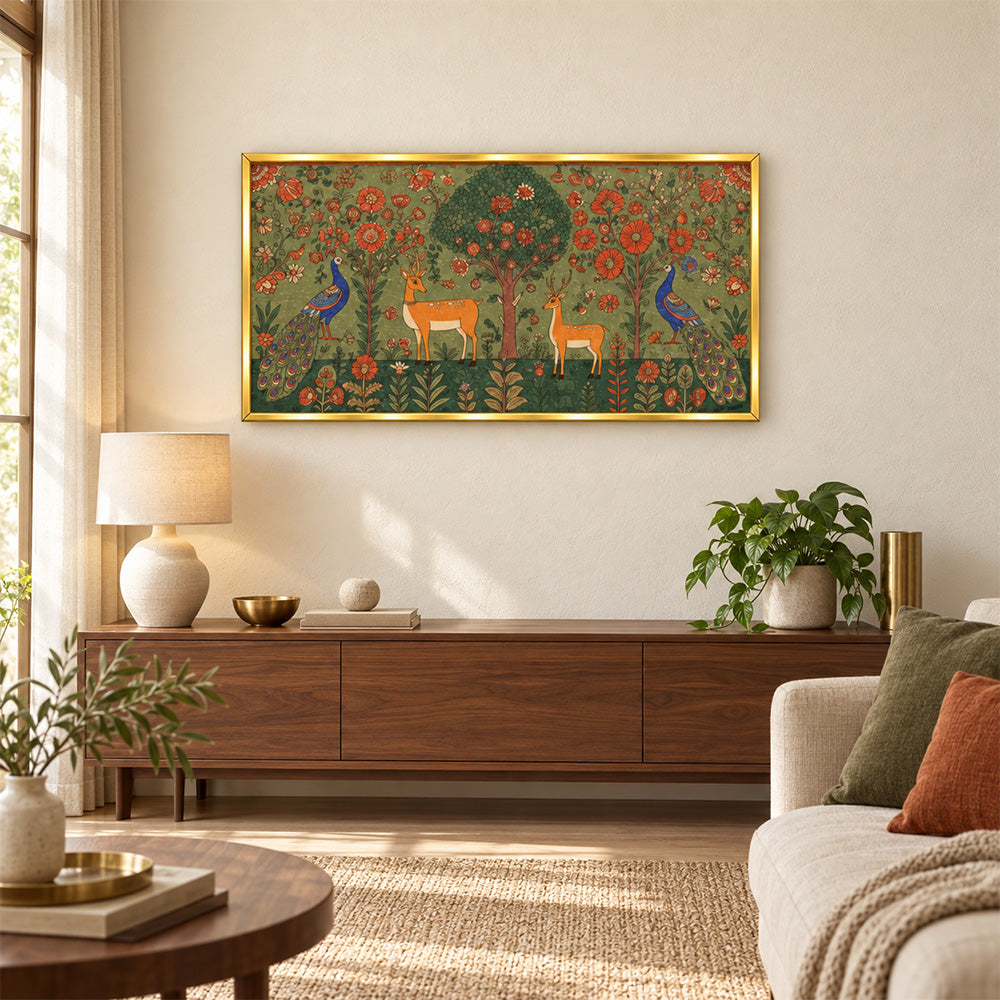 Folk art deer and peacock canvas wall painting