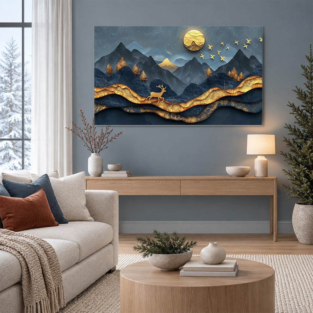 Golden Mountain Deer Abstract Canvas Wall Painting