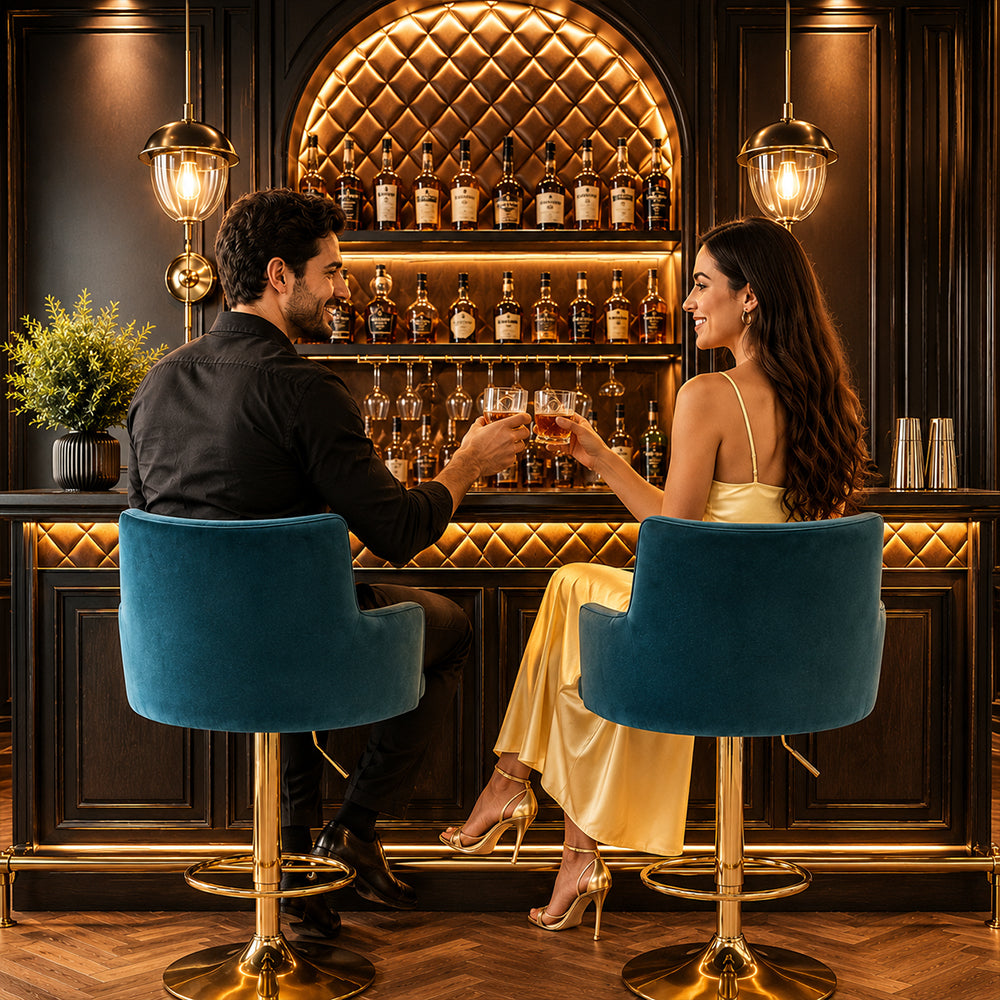 Doe Buck Oliver Luxury Teal Blue Velvet Adjustable Bar Stool Chair with Gold Hydraulic Base – Modern Kitchen Island & Breakfast Counter Seating
