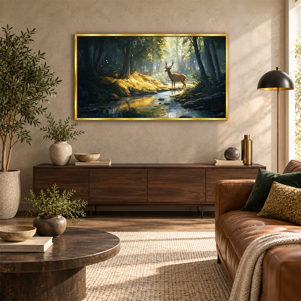 Deer by forest stream canvas wall painting