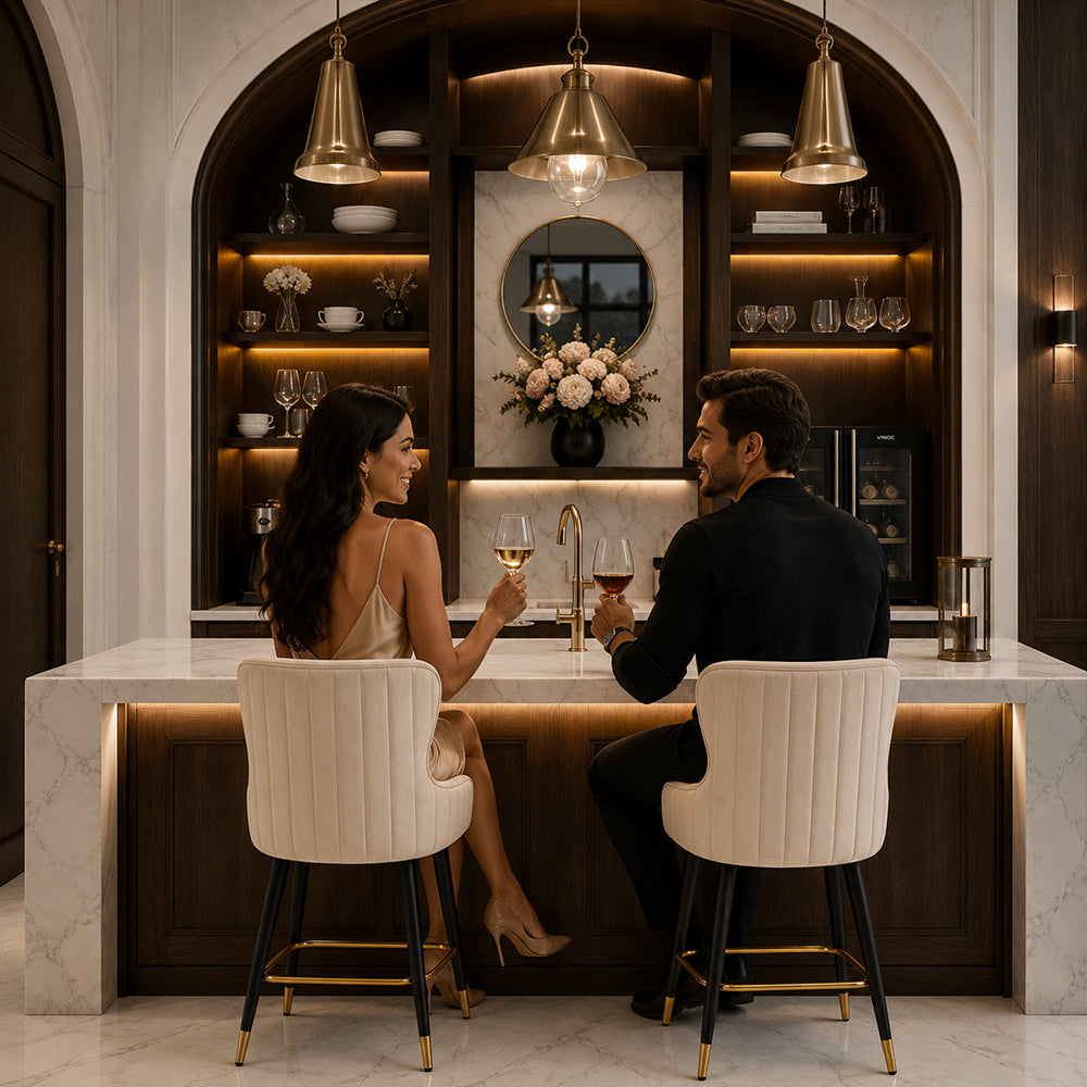 Doe Buck Nolen Luxury Beige Upholstered Counter Height Bar Stool Chair with Gold-Tipped Metal Legs – Modern Kitchen Island & Breakfast Bar Seating