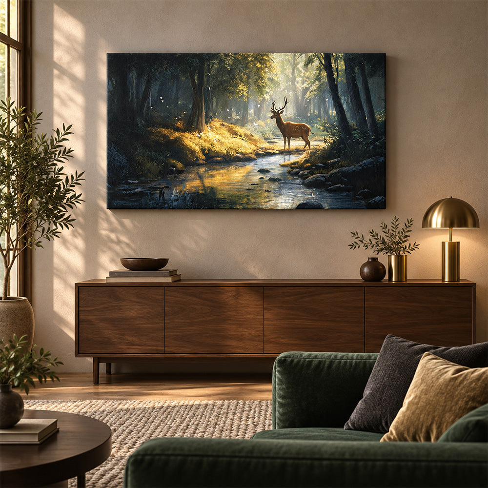 Deer by Forest Stream Canvas Wall Painting