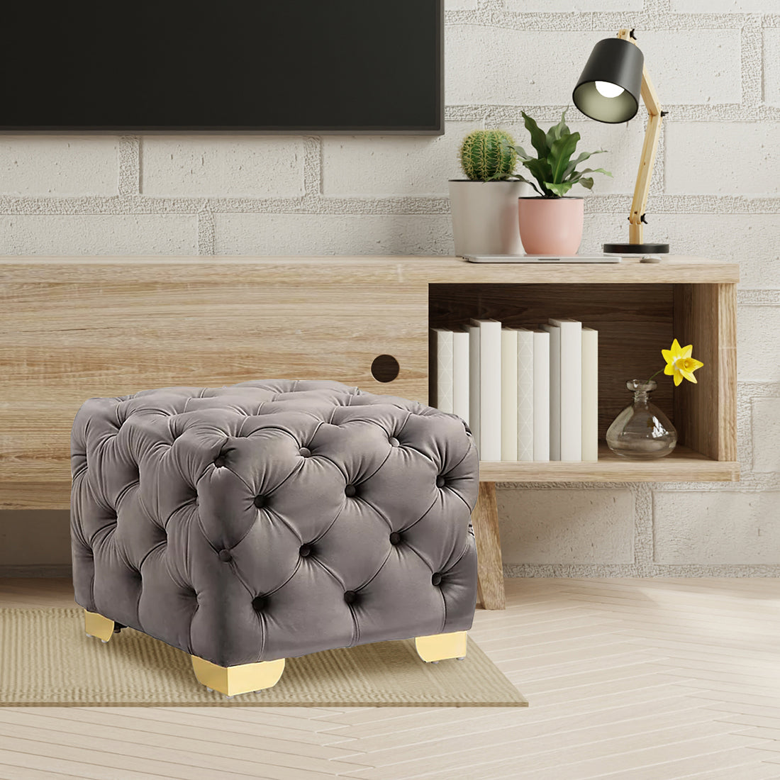 Square Velvet Ottoman/Poufee In Grey /Gold