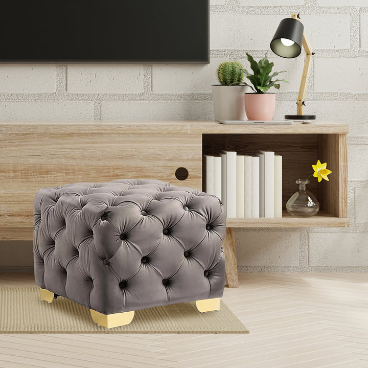 Square Velvet Ottoman/Poufee In Grey /Gold
