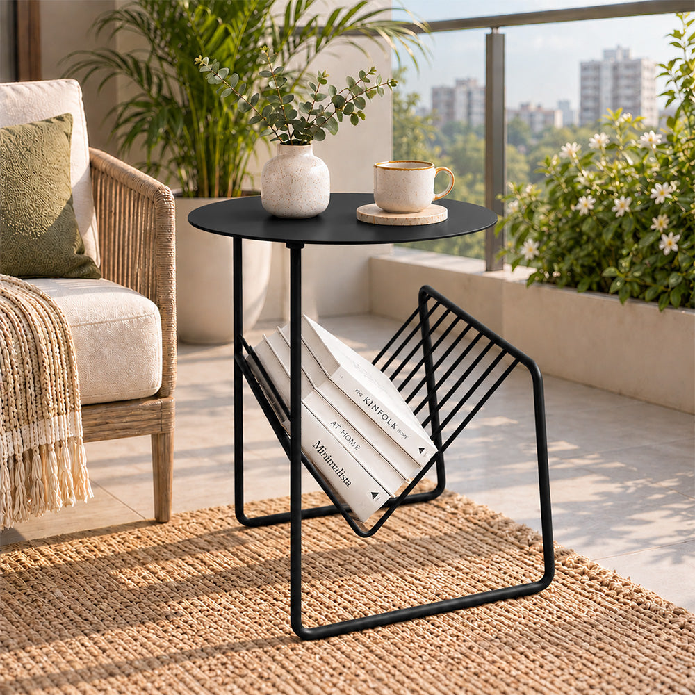 Modern Metal Round Side Table with Geometric Magazine Rack