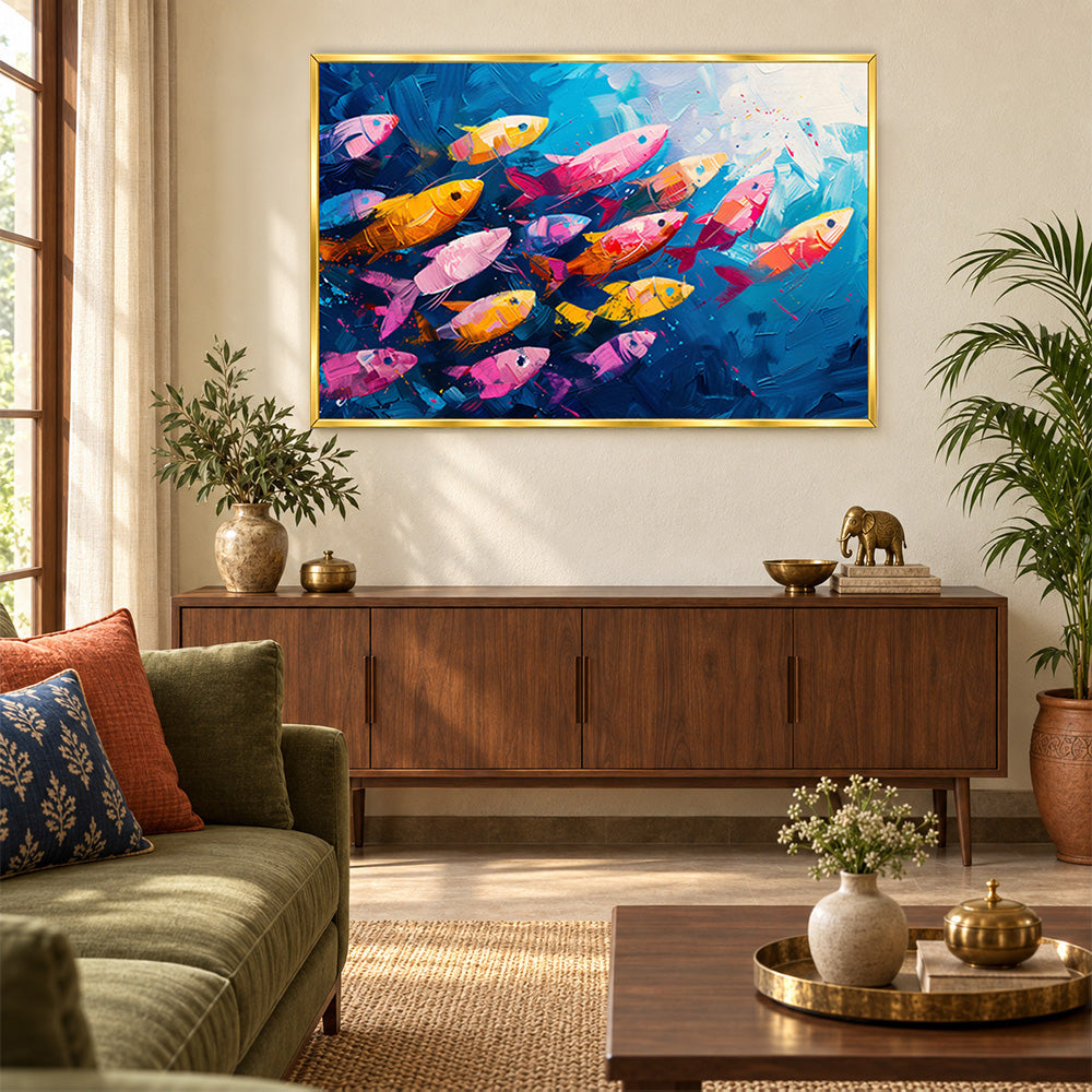 Colorful fish school canvas wall painting
