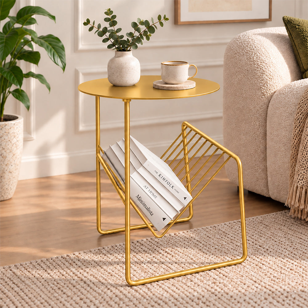 Modern Metal Round Side Table with Geometric Magazine Rack