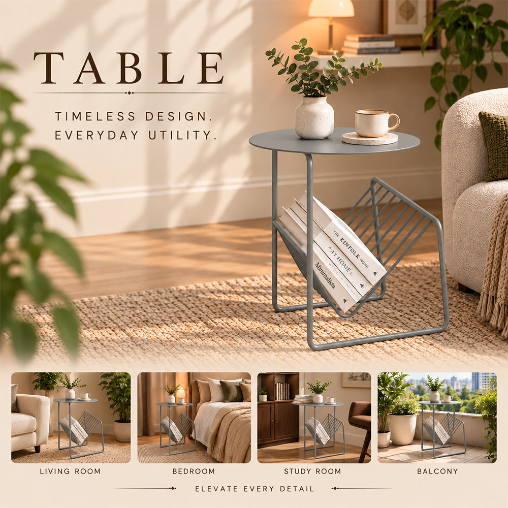 Modern Metal Round Side Table with Geometric Magazine Rack