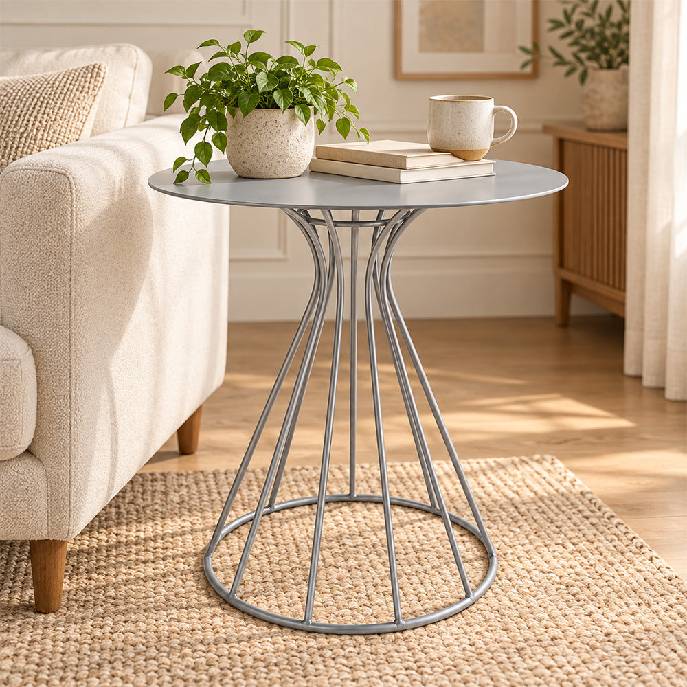 Metal Round Side Table with Sculptural Curved Base
