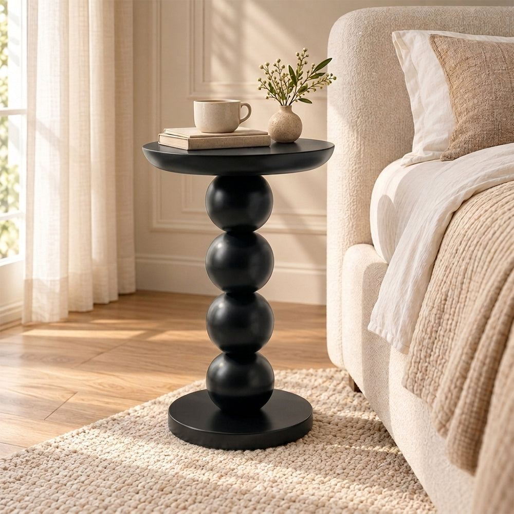 Modern Metal Round Side Table with Beaded Pedestal Base