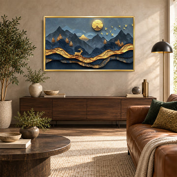 Golden Mountain Deer Abstract Canvas Wall Painting