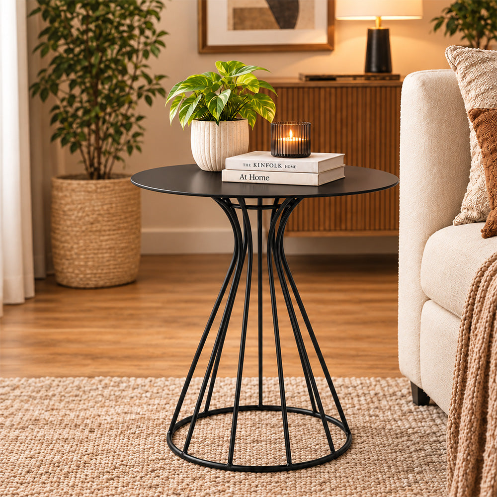 Metal Round Side Table with Sculptural Curved Base