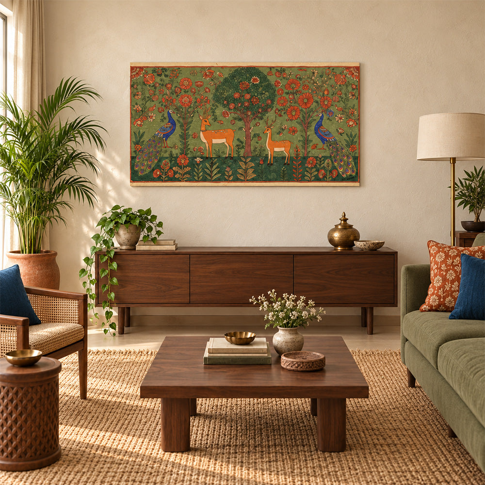 Folk Art Deer and Peacock Canvas Wall Painting