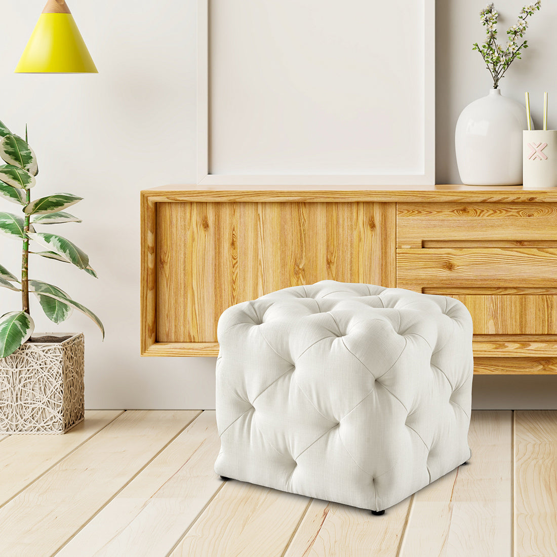 Square Tufted Velvet Ottaman/Poufee In White
