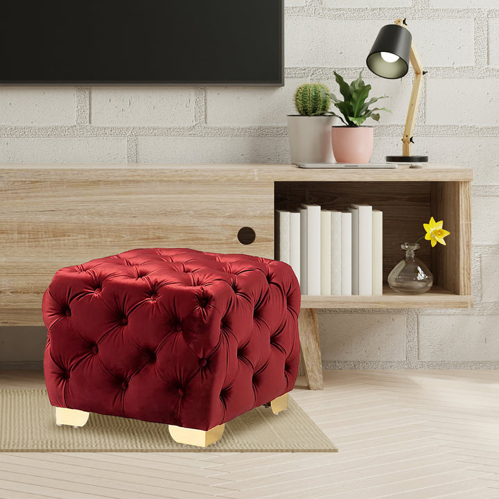 Square Velvet Ottoman/Poufee In Burgundy /Gold