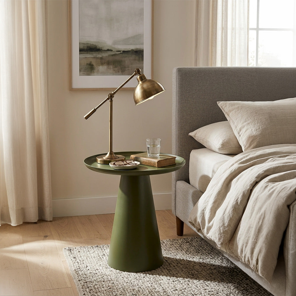 Metal tray-top pedestal side table