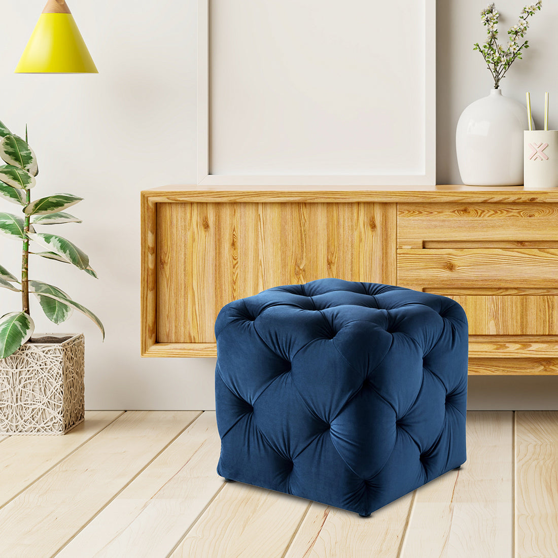Square Tufted Velvet Ottaman/Poufee In Royal Blue