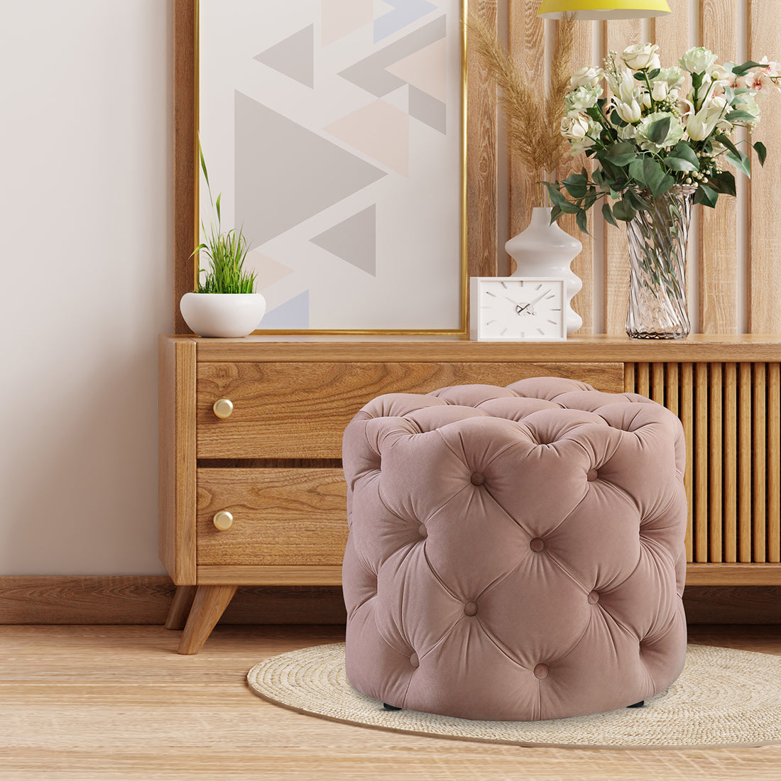 Round Tufted Velvet Ottaman/Poufee In Pink