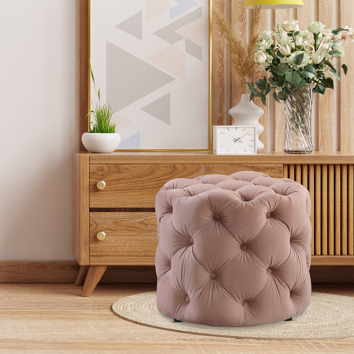 Round Tufted Velvet Ottaman/Poufee In Pink