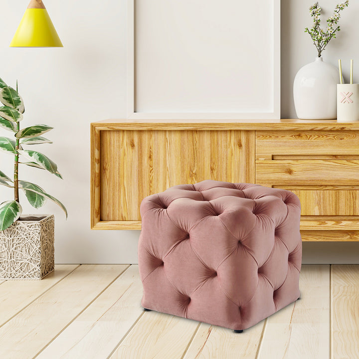 Square Tufted Velvet Ottaman/Poufee In Pink