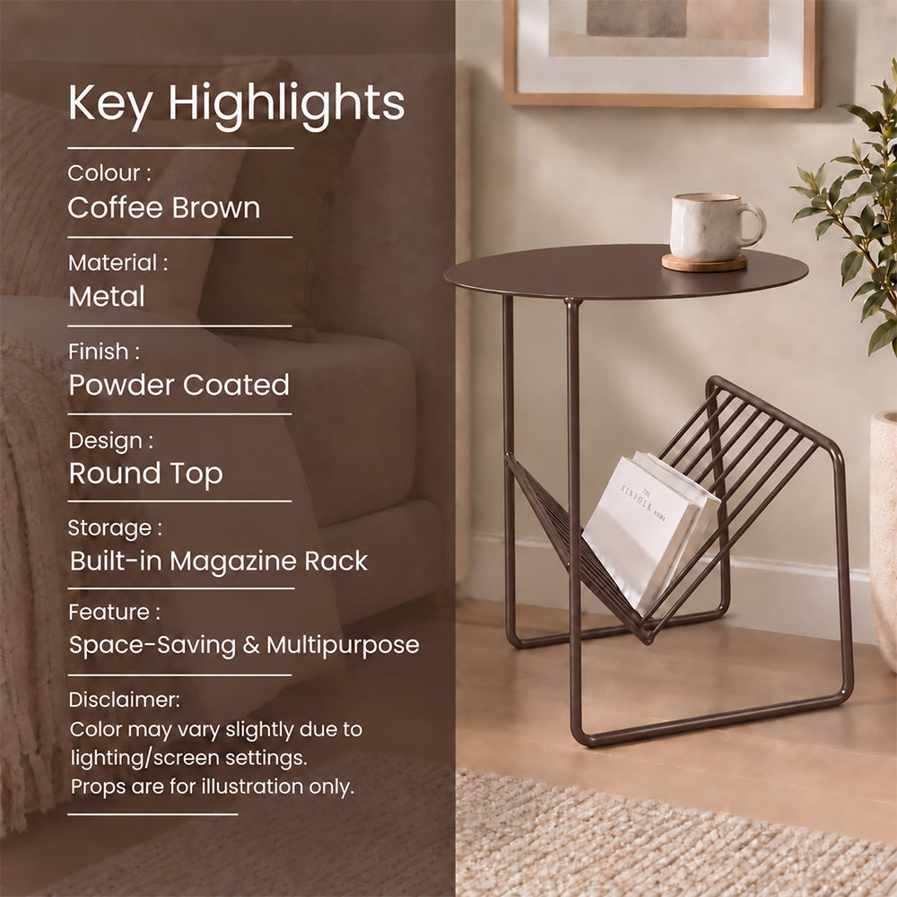Modern Metal Round Side Table with Geometric Magazine Rack
