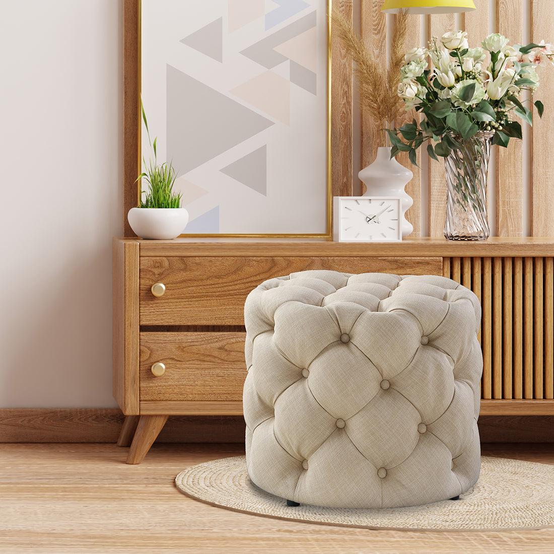 Round Tufted Velvet Ottaman/Poufee In Beige