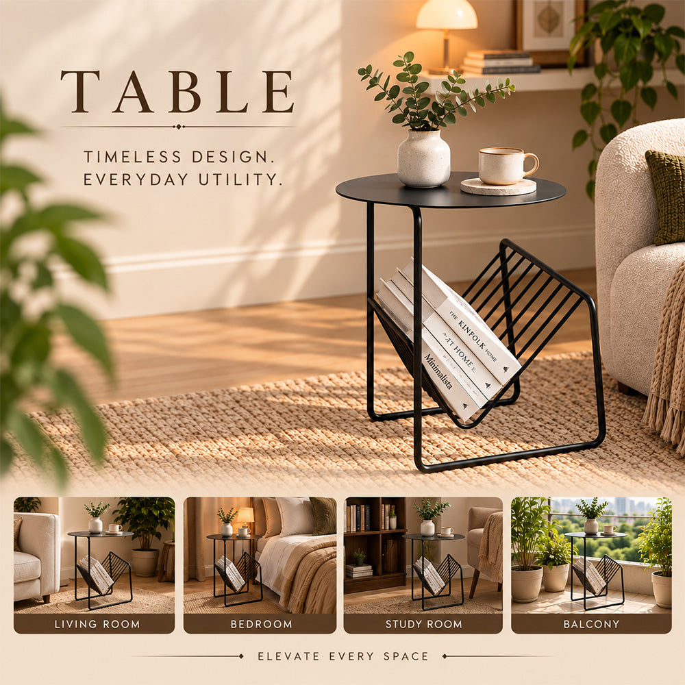 Modern Metal Round Side Table with Geometric Magazine Rack