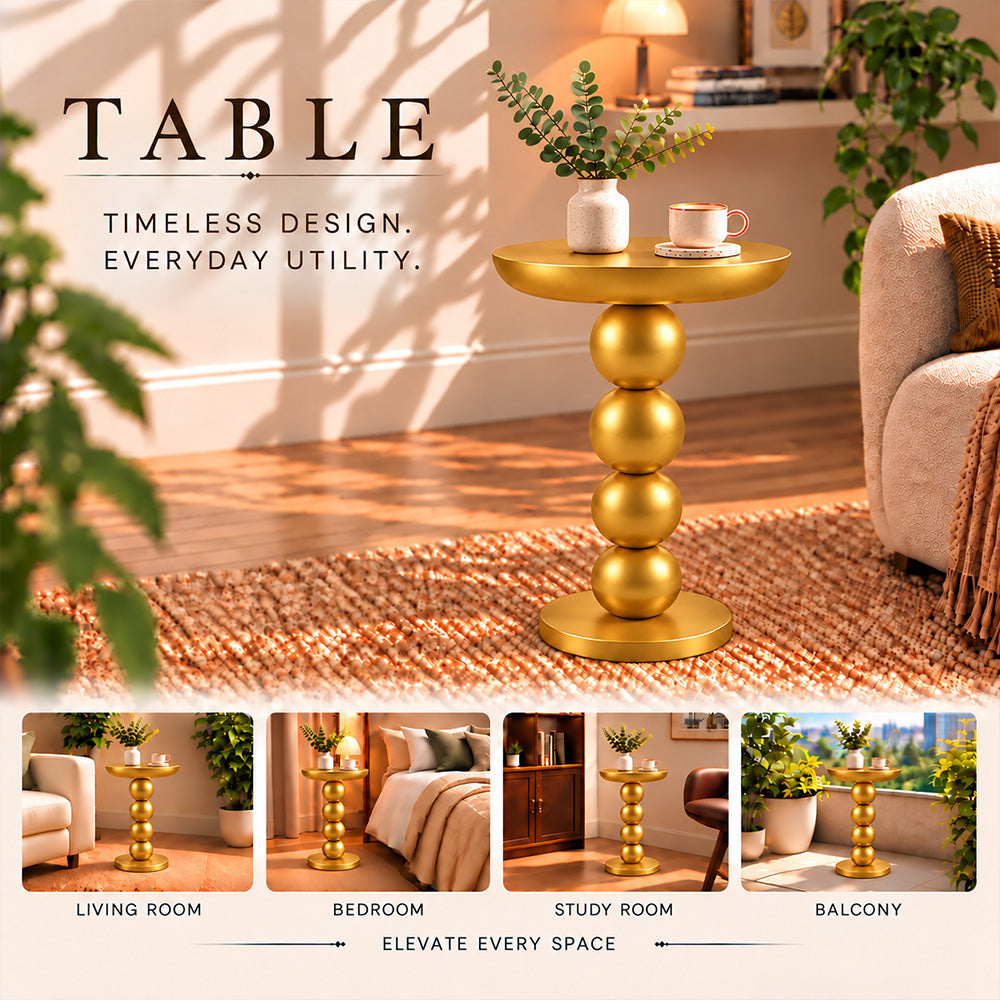 Modern Metal Round Side Table with Beaded Pedestal Base