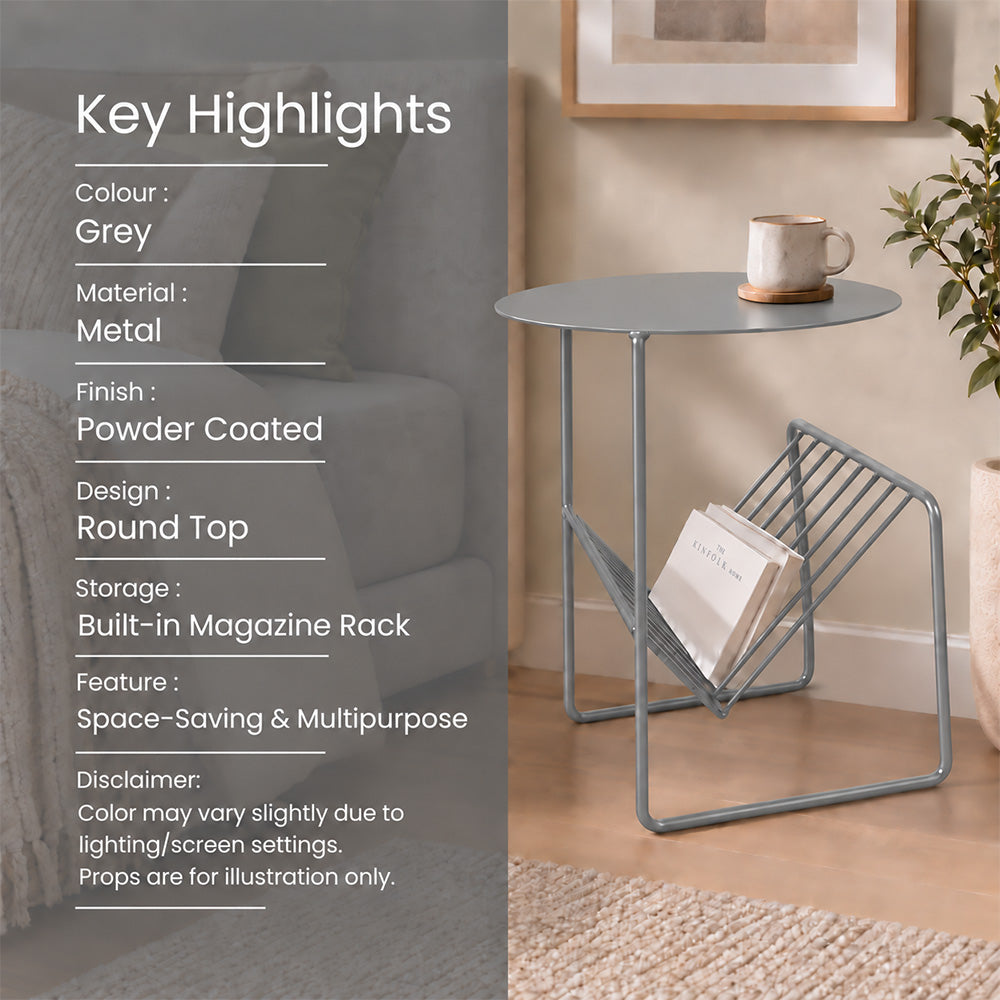 Modern Metal Round Side Table with Geometric Magazine Rack