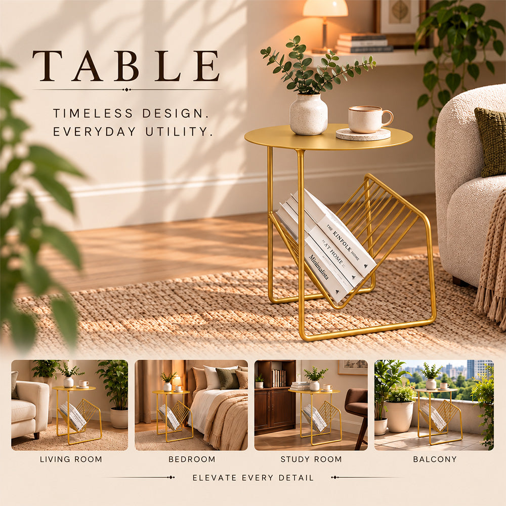 Modern Metal Round Side Table with Geometric Magazine Rack